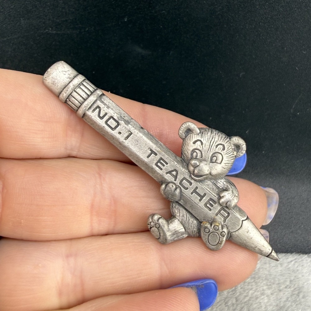 Vintage JJ Brooch Teddy Bear Pencil No. 1 Teacher Silver Tone Signed Figural